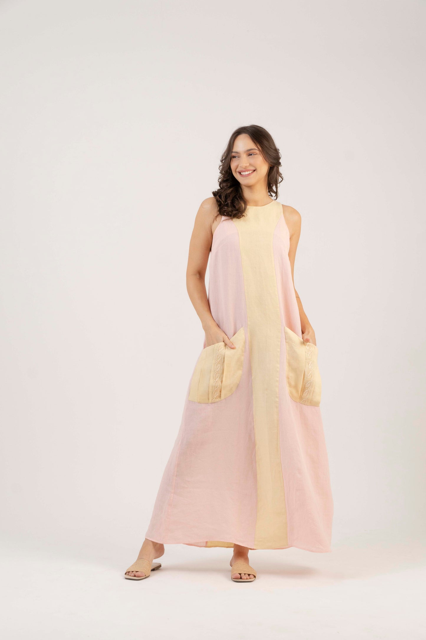 Vestido Longo Guaraná Amarelo e Rosa – Linho Orgânico