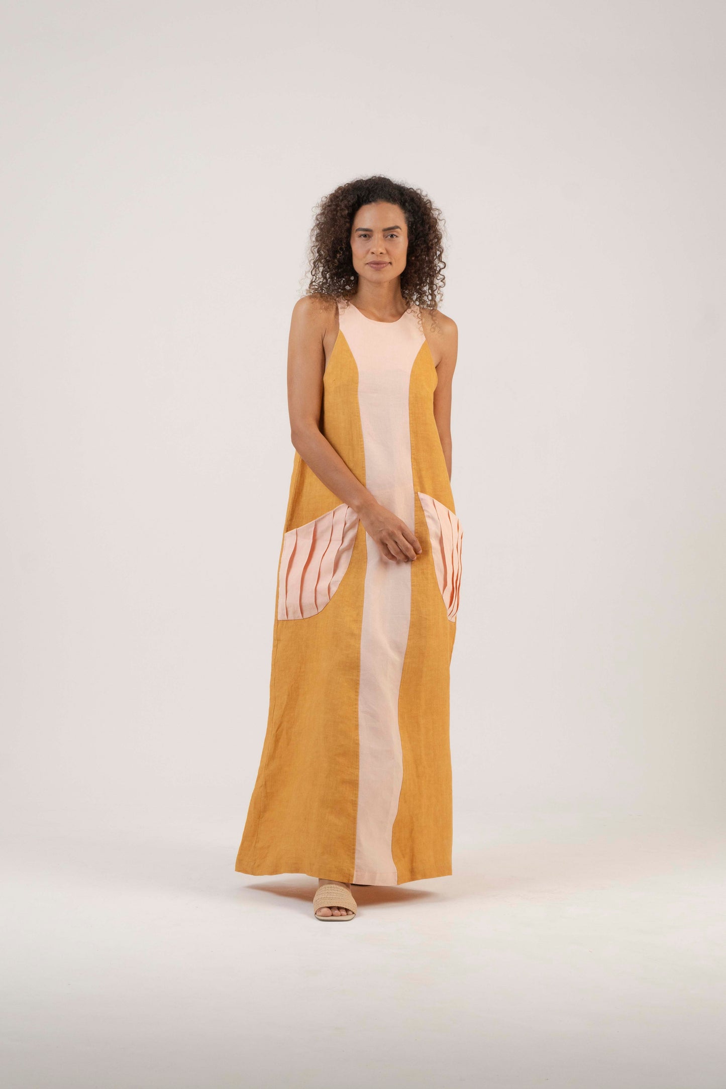 Vestido Longo Guaraná – Amarelo e Laranja Claro – Linho Orgânico